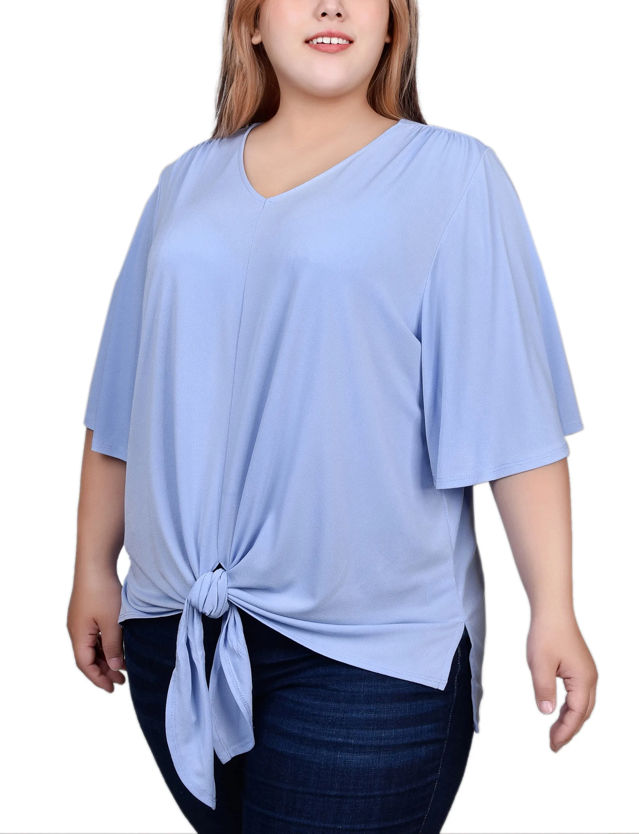 Plus Size Elbow Sleeve Tie-Front Top
