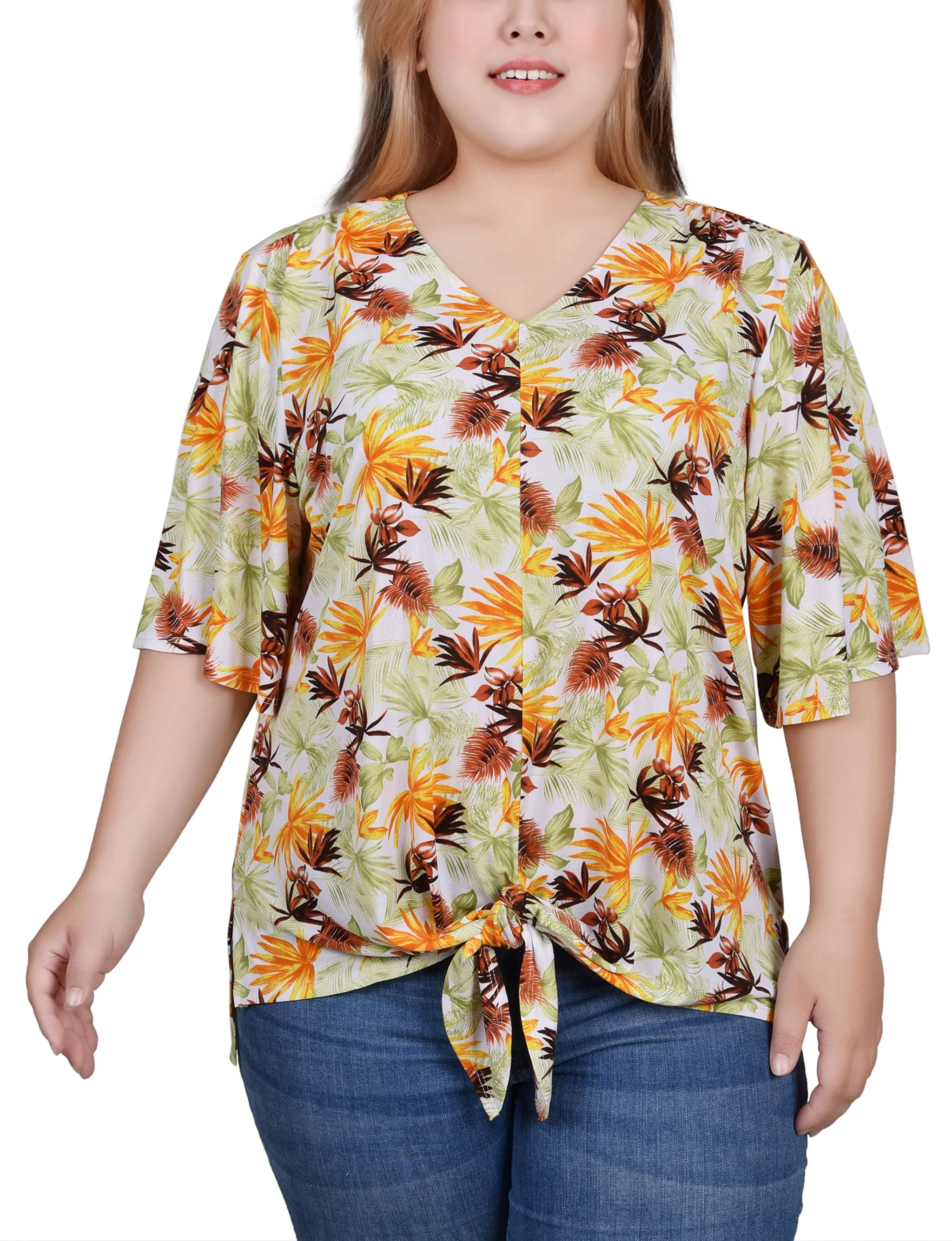 Plus Size Elbow Sleeve Tie-Front Top