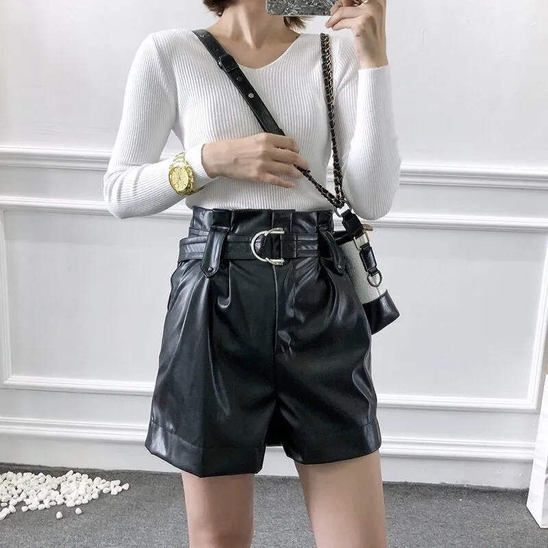 Pu Leather Shorts Women High Waist Black