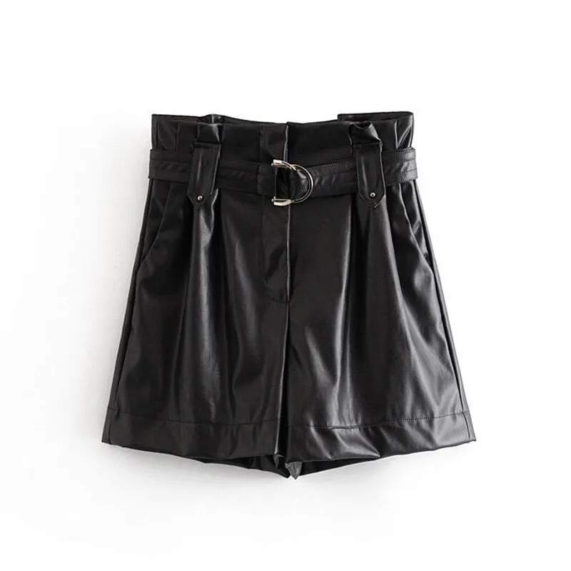 Pu Leather Shorts Women High Waist Black