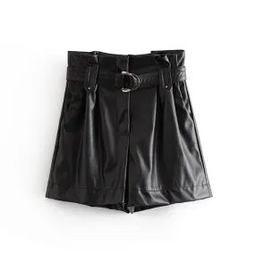 Pu Leather Shorts Women High Waist Black
