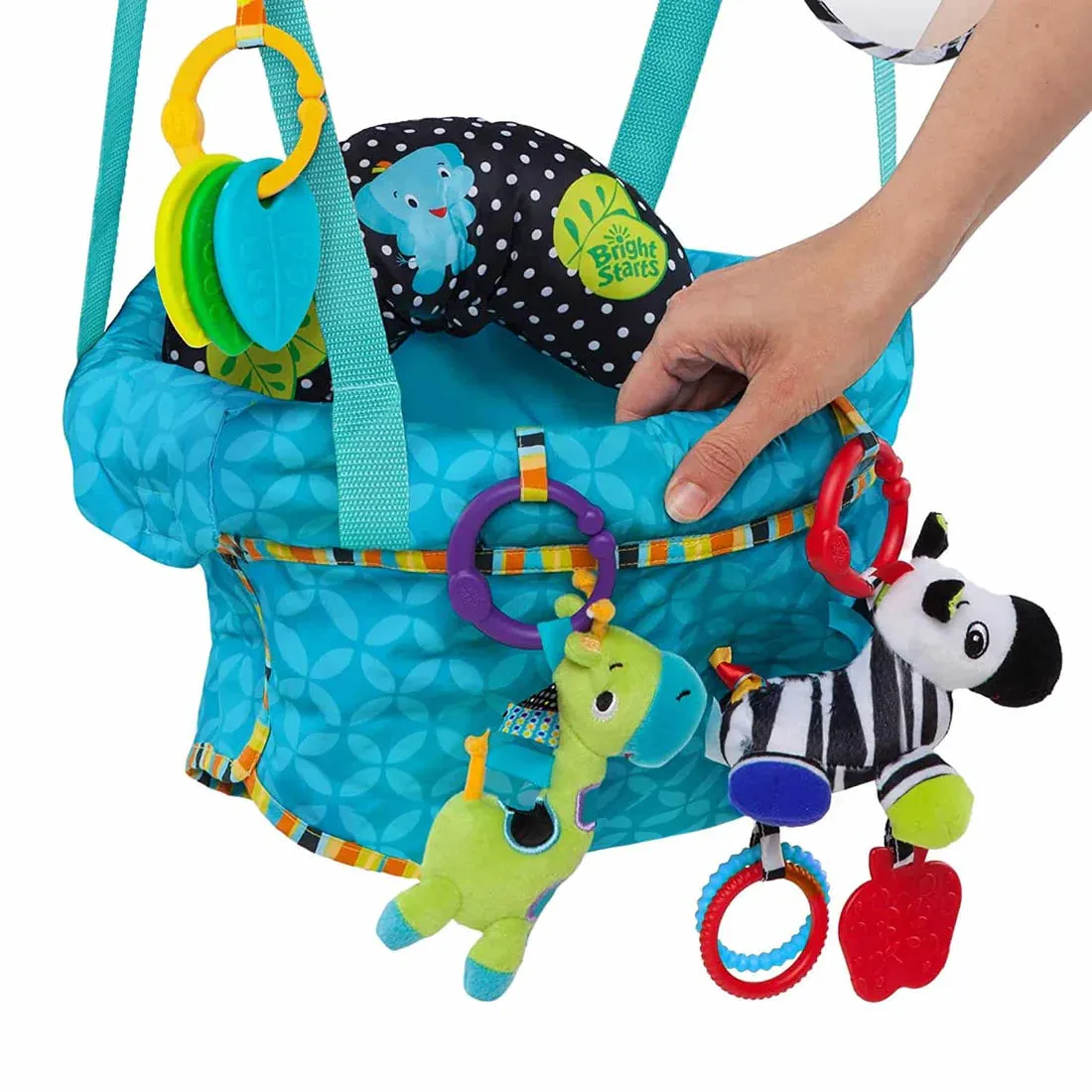 "Baby’s New Favorite: Green Door Jumper with Plush Toys for Endless Fun!"