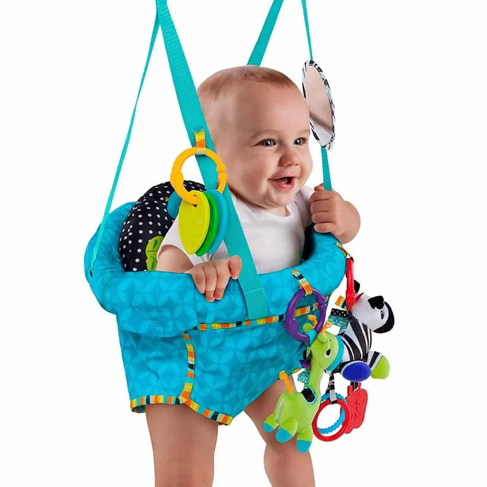 "Baby’s New Favorite: Green Door Jumper with Plush Toys for Endless Fun!"