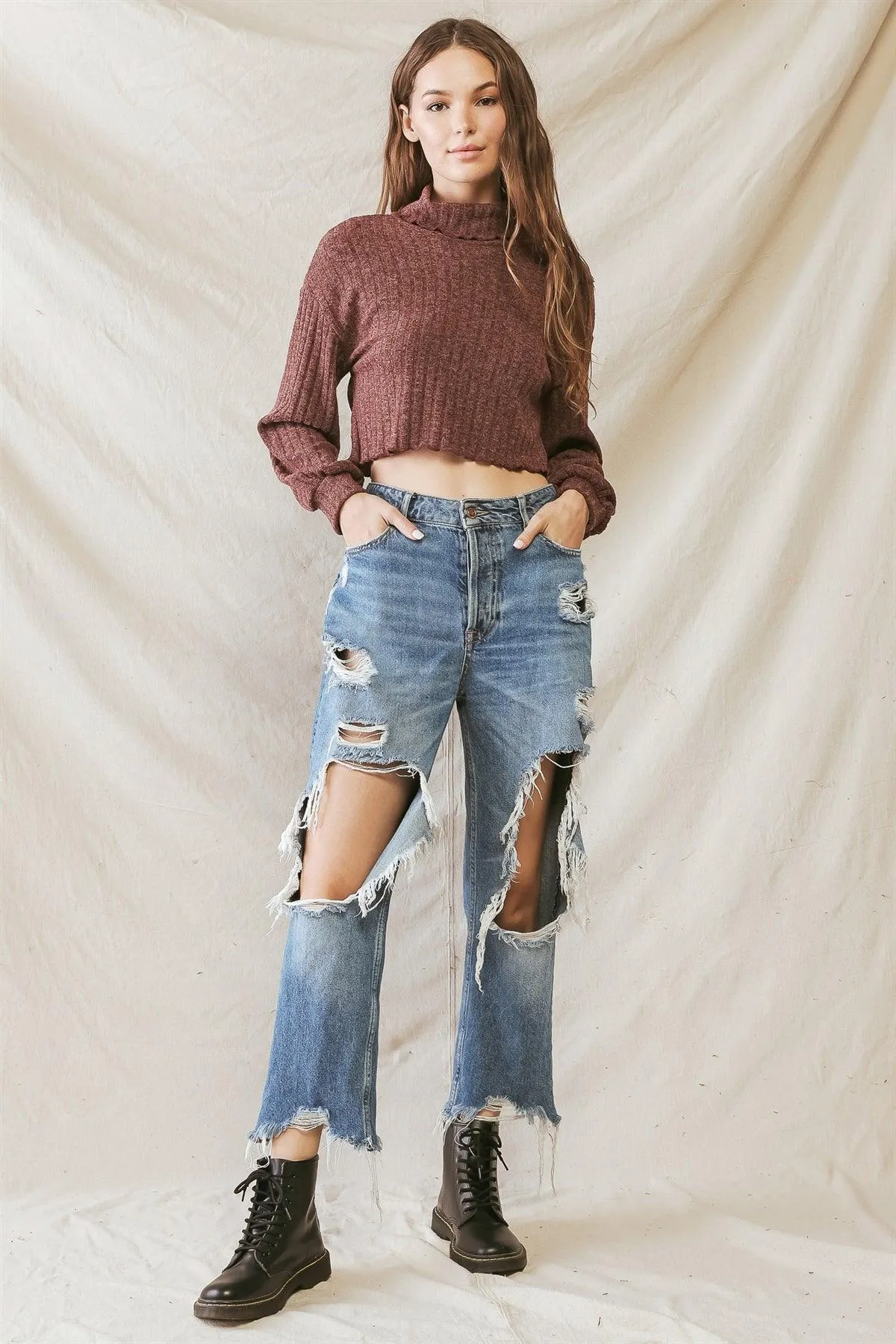Red Brown Knit Ribbed Stitch Detail Turtle Neck Top /1-2-2-1