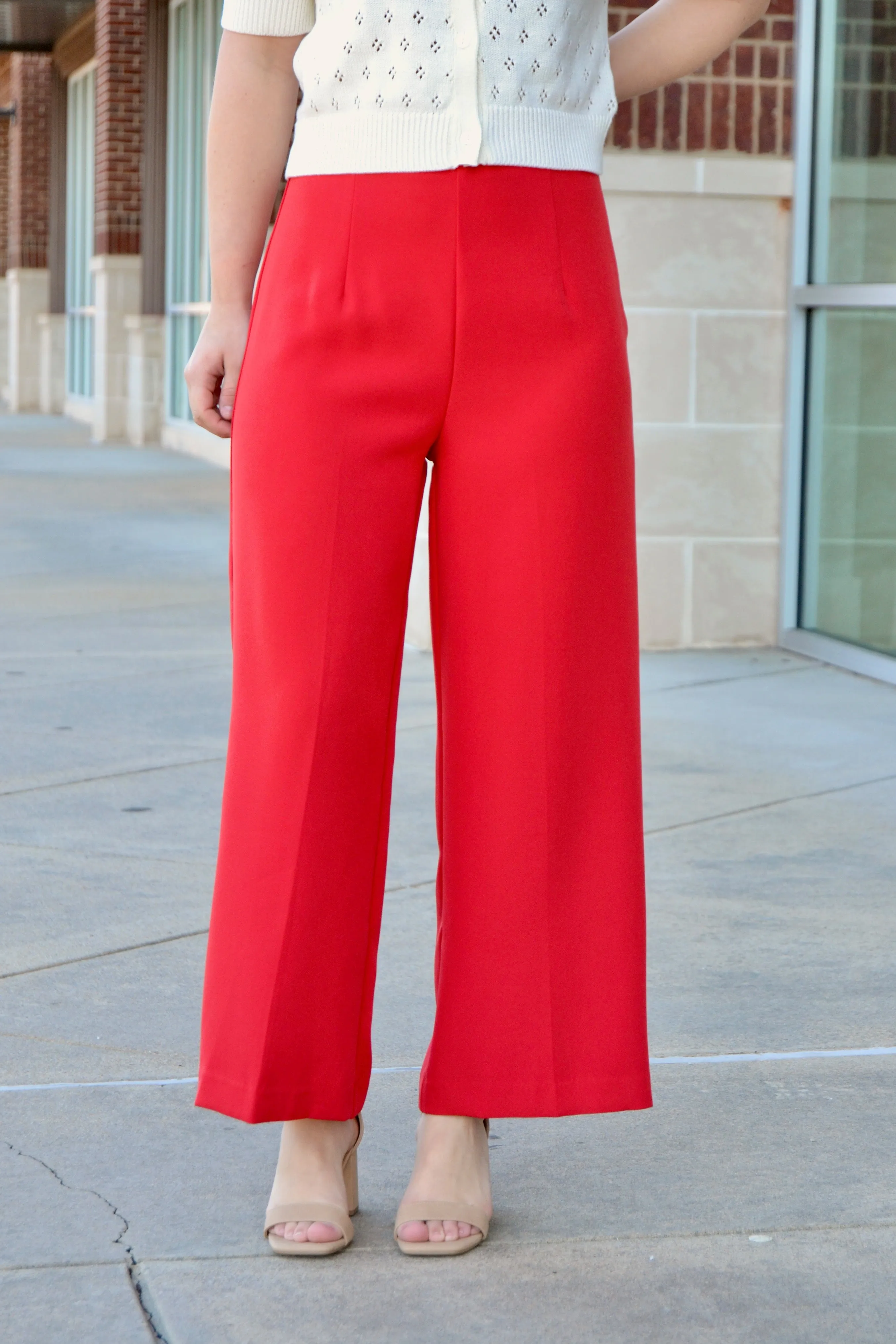 Red high waist wide leg pants