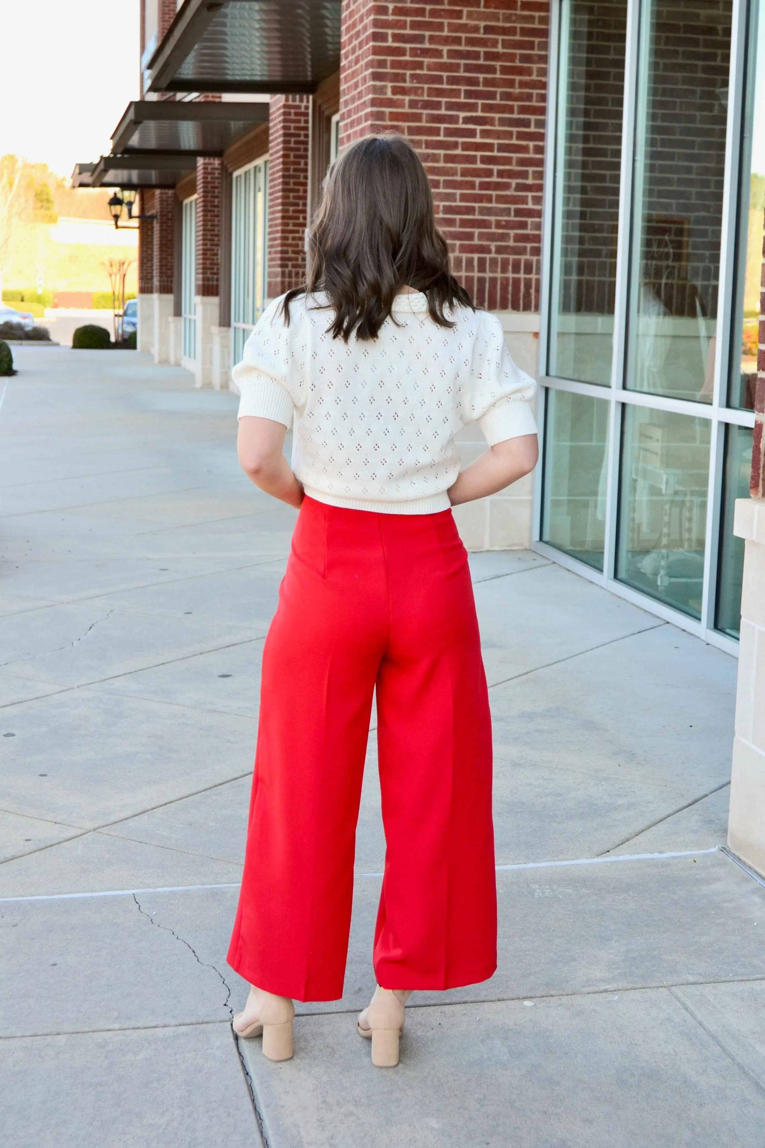 Red high waist wide leg pants