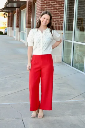 Red high waist wide leg pants