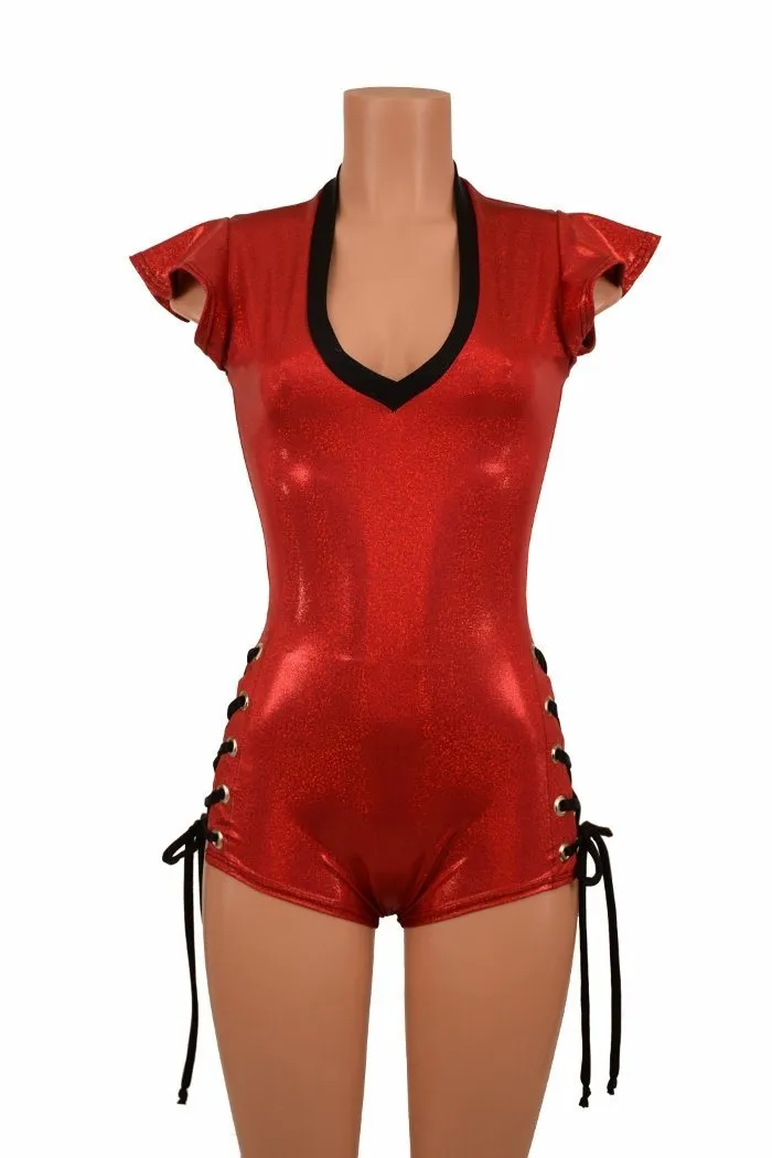 Red V Neck Lace Up Romper