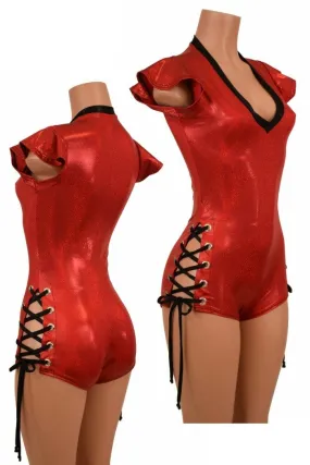 Red V Neck Lace Up Romper