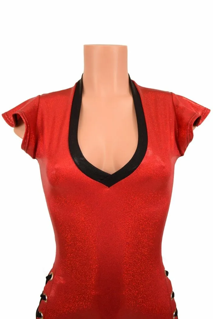 Red V Neck Lace Up Romper