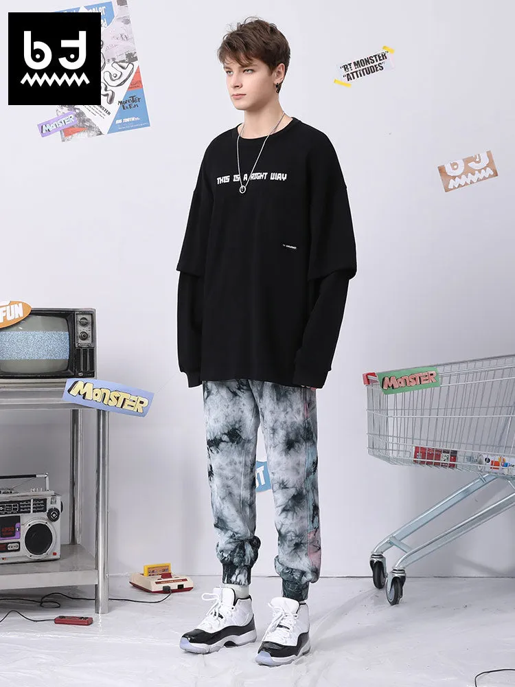 Retro style black grey tie-dye printed embroidered stretch leg sports casual pants
