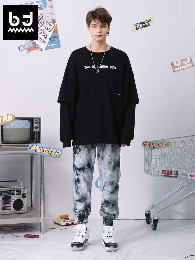 Retro style black grey tie-dye printed embroidered stretch leg sports casual pants