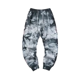 Retro style black grey tie-dye printed embroidered stretch leg sports casual pants