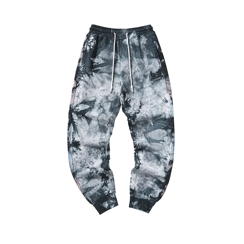 Retro style black grey tie-dye printed embroidered stretch leg sports casual pants