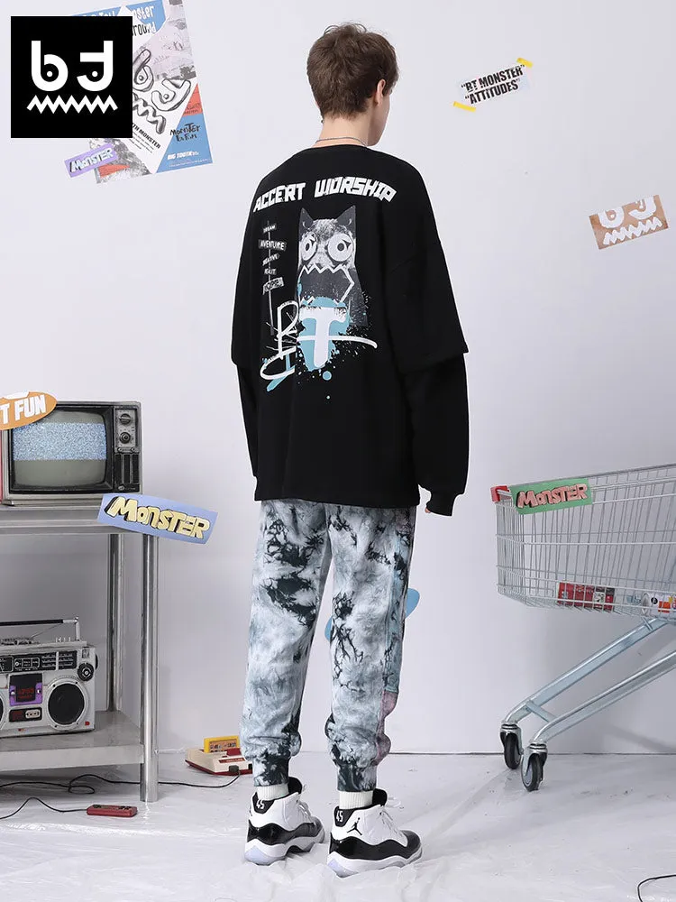 Retro style black grey tie-dye printed embroidered stretch leg sports casual pants
