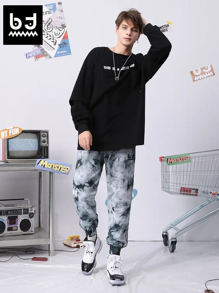 Retro style black grey tie-dye printed embroidered stretch leg sports casual pants