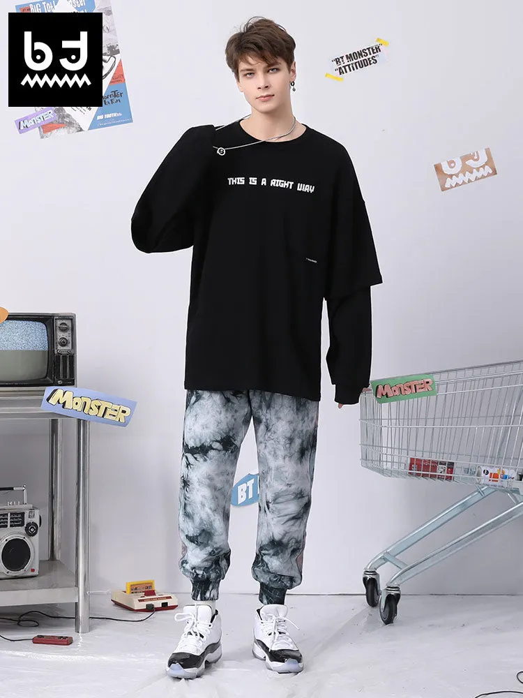 Retro style black grey tie-dye printed embroidered stretch leg sports casual pants