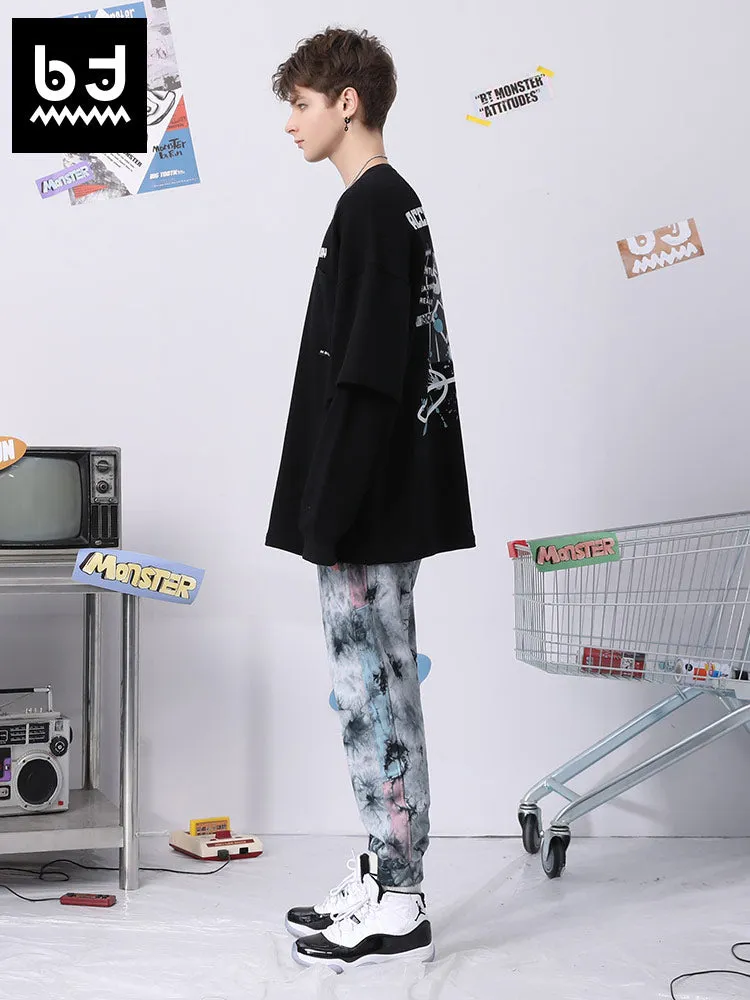 Retro style black grey tie-dye printed embroidered stretch leg sports casual pants
