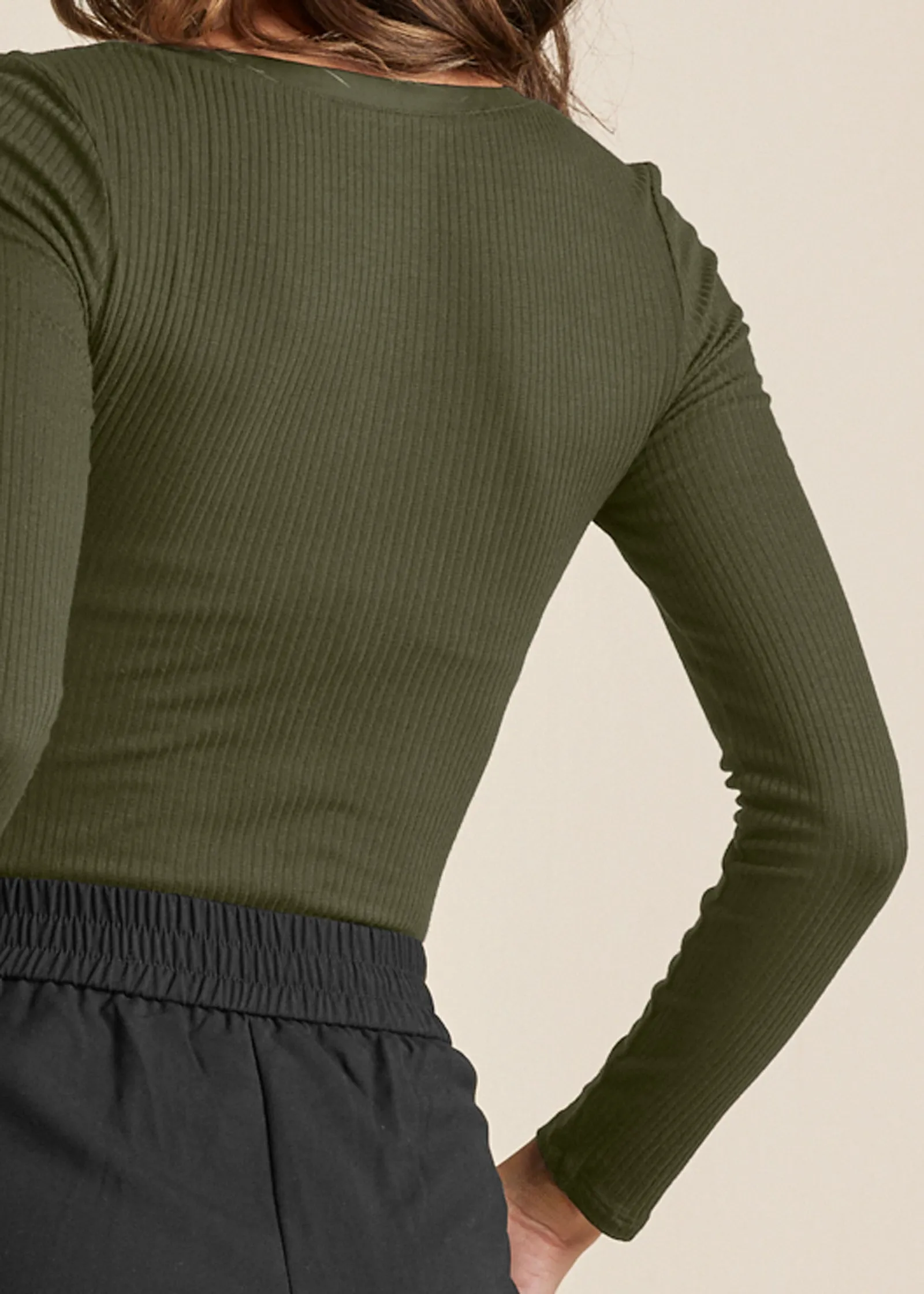 Ribbed Henley Top - Olive