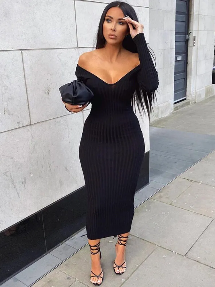 Ribbed Knit Solid Color Long Sleeve Bodycon Dresses