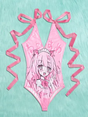 ROMWE Anime Cartoon Girl Print Tie Shoulder Teddy Bodysuit
