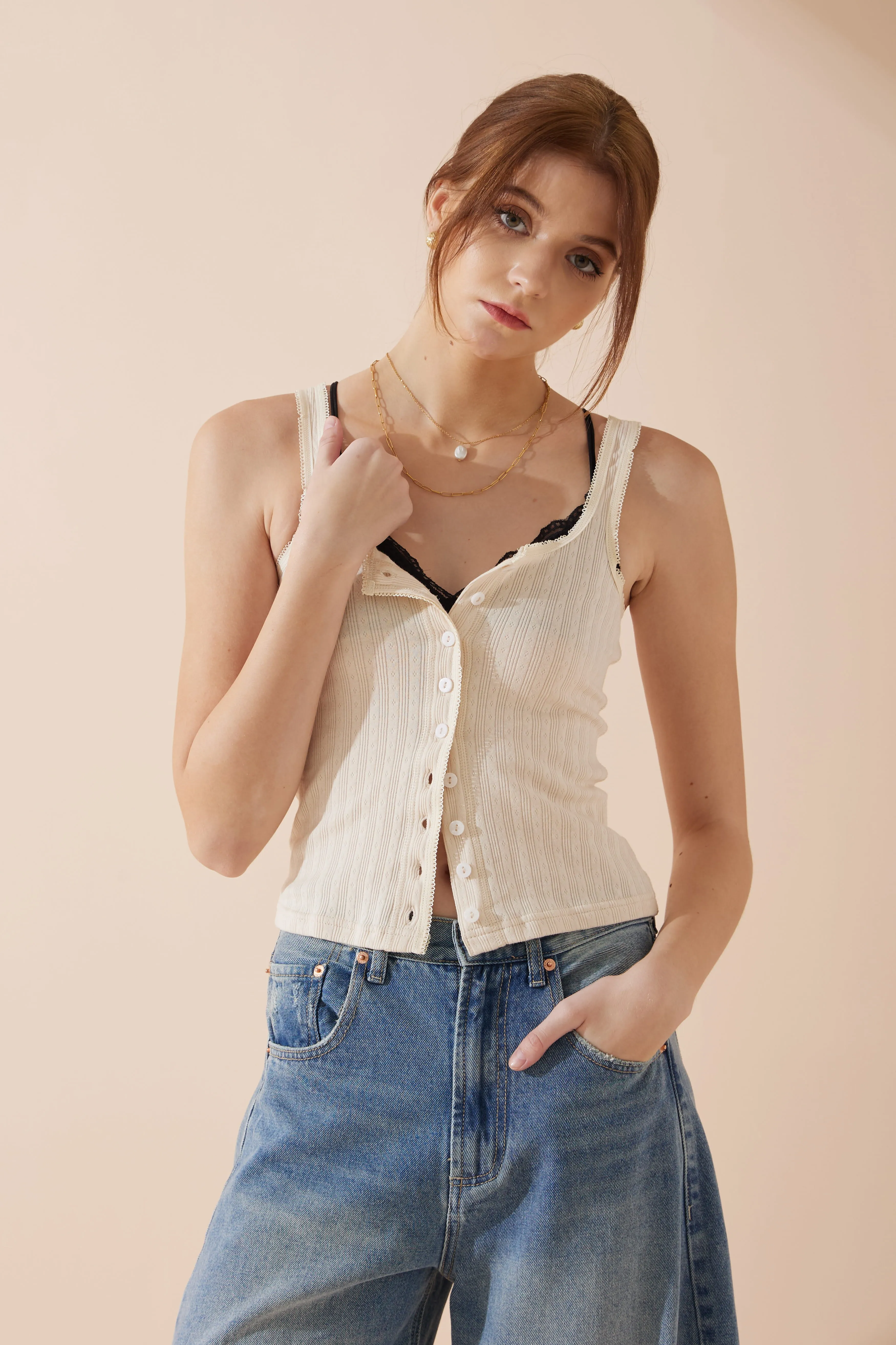 Sadie Beige Button Tank Top