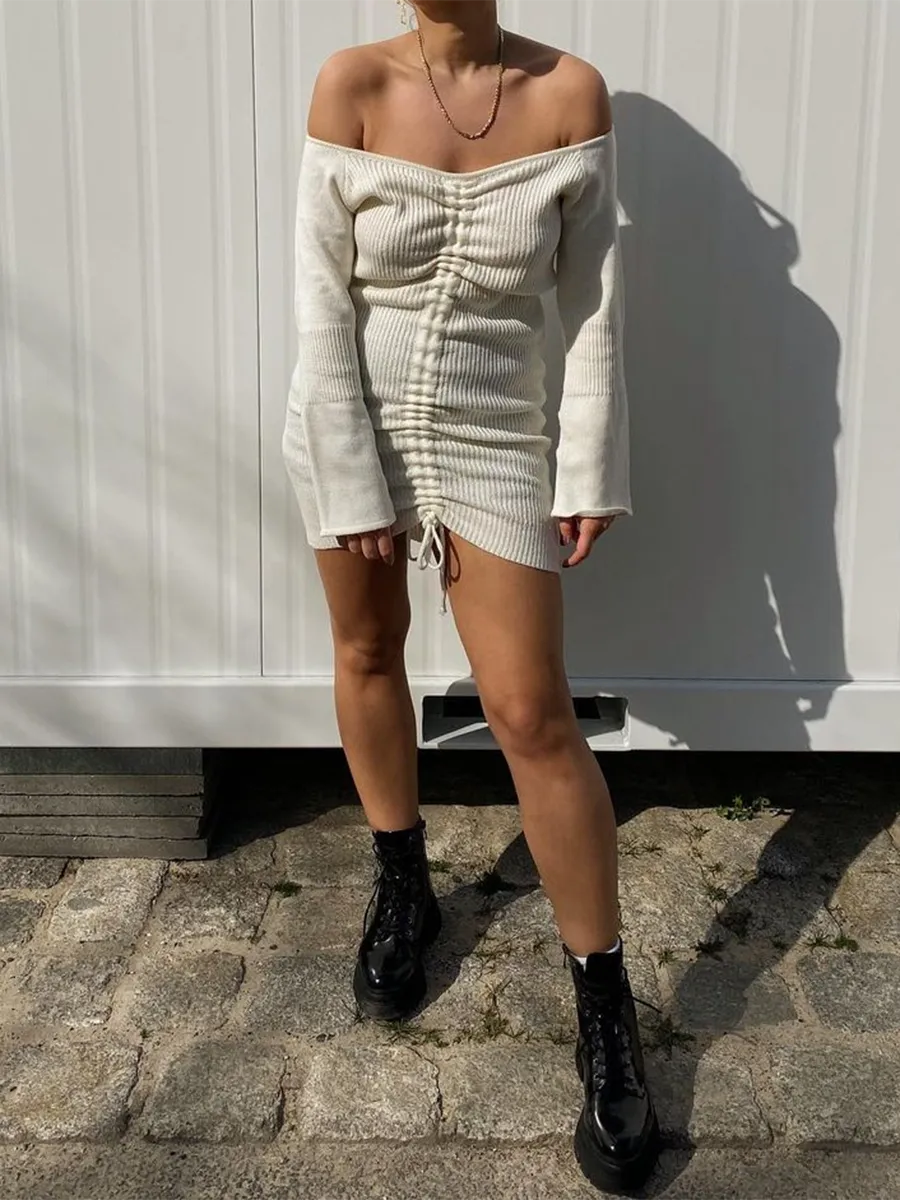 Sexy Shoulderless Slim-fit Drawstring Knitted Sweater Dress