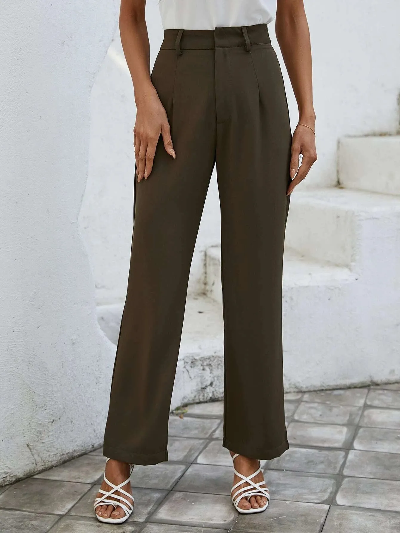 SHEIN Essnce Solid High Waist Plicated Detail Suit Pants