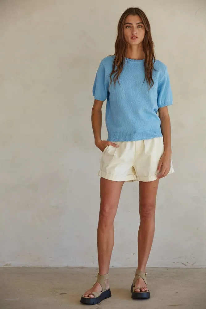 Sky Blue Knit Sweater Cotton Crew Neck Short Sleeve Top
