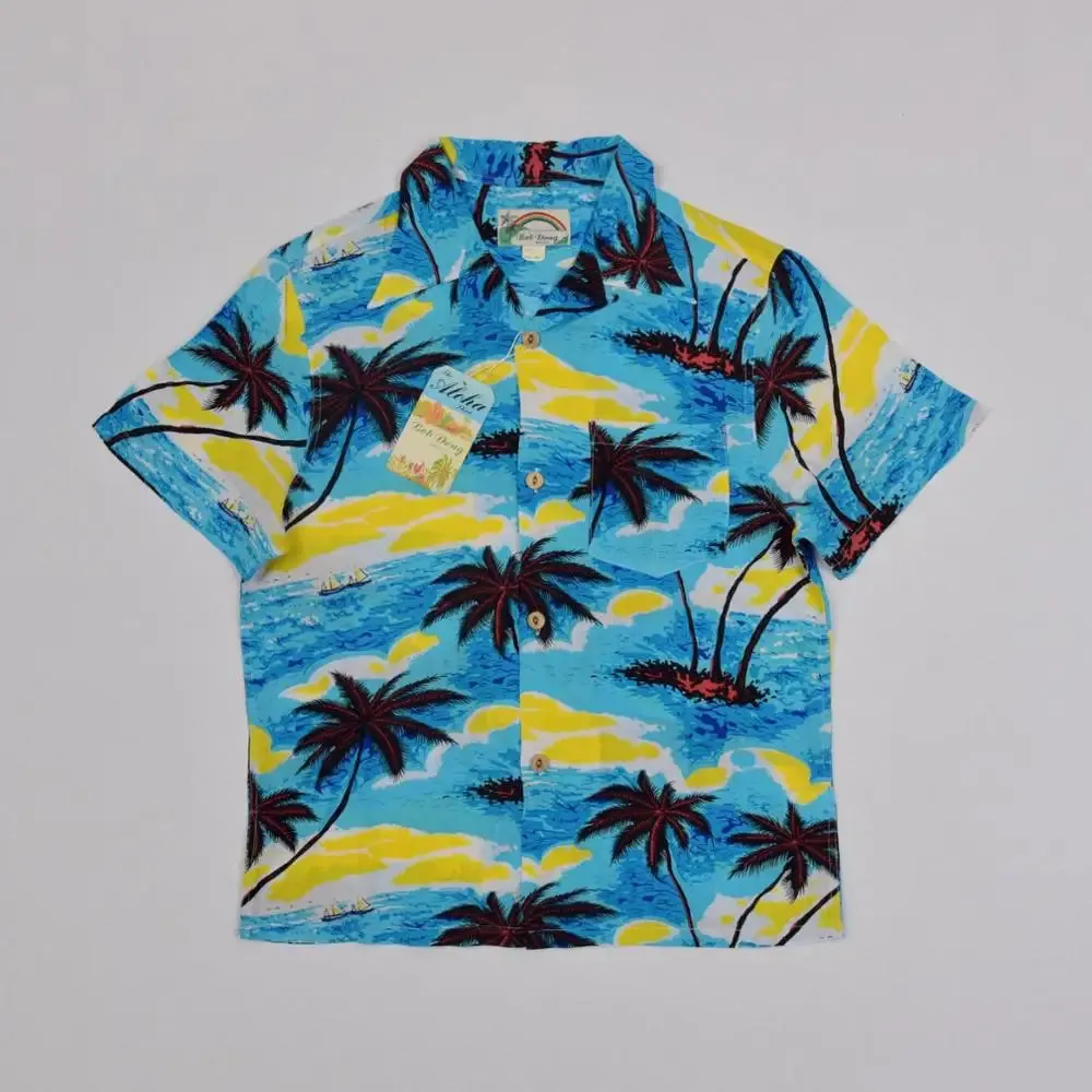 Sky Blue Ocean Hawaiian Shirts with Coconut Palm Sailboat Print