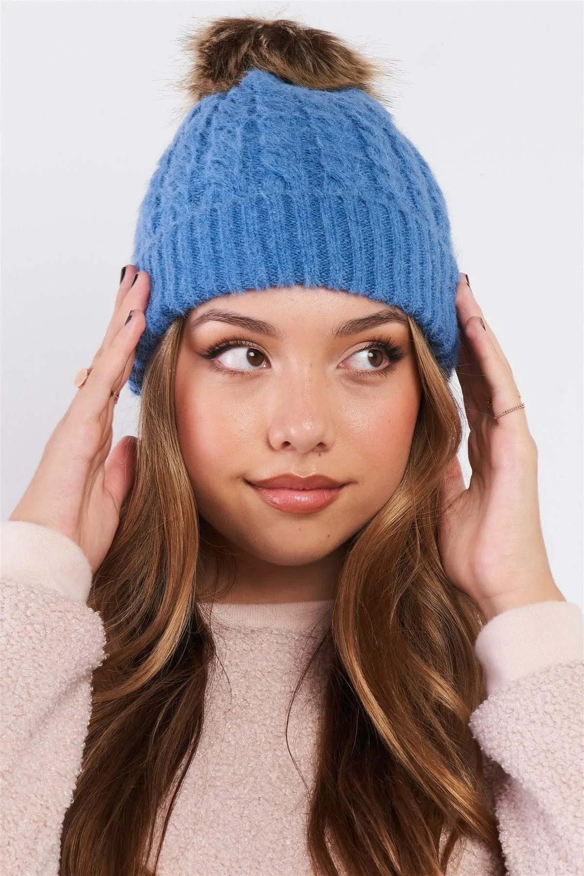 Sky Blue Woven Ribbed Lapel Faux Fur Bunny Tail Tip Beanie /3 Pieces