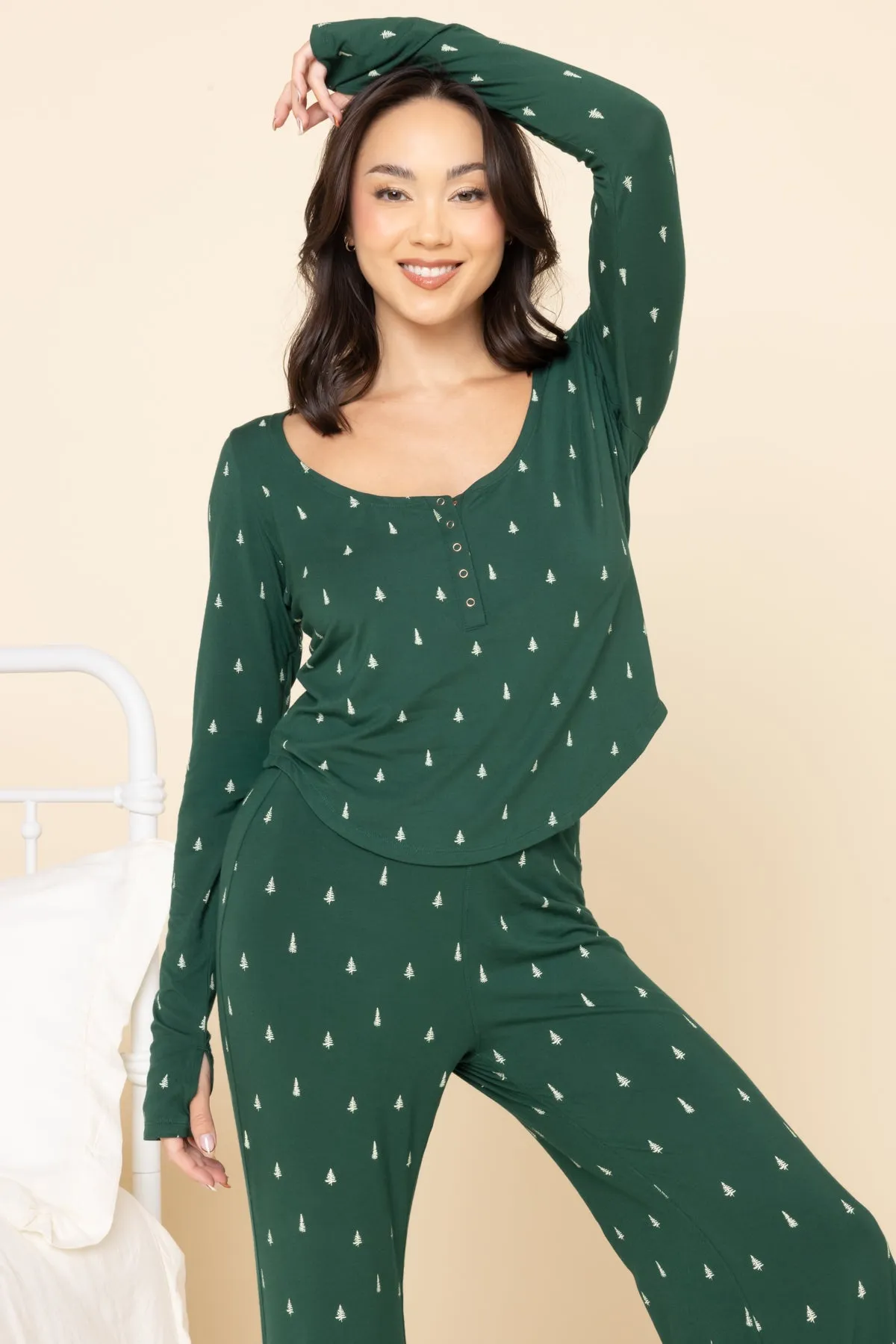 Sleep Tight Long Sleeve Henley - Holiday Pine