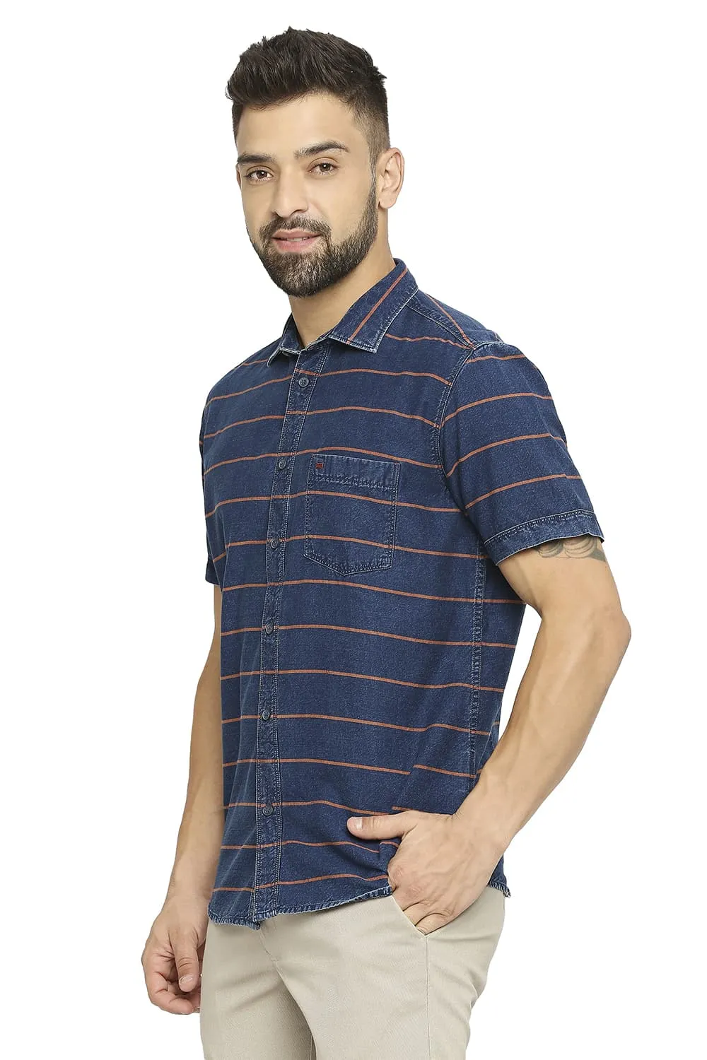 Slim Fit Cotton Indigo Twill Weft Stripe Halfsleeves Shirt