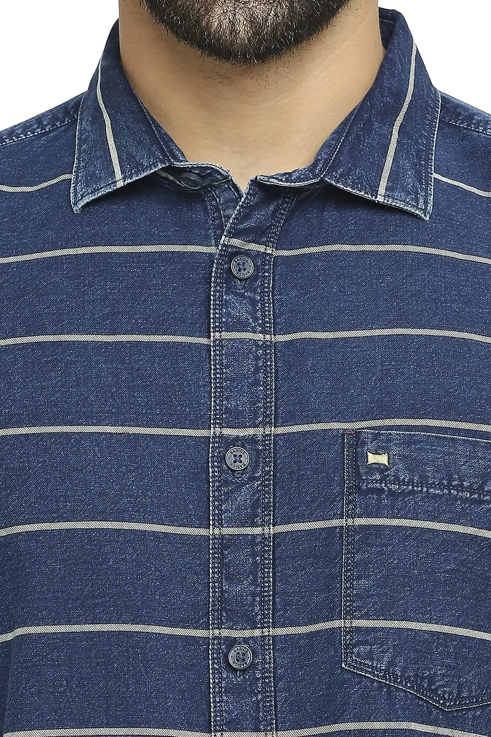 Slim Fit Cotton Indigo Twill Weft Stripe Halfsleeves Shirt