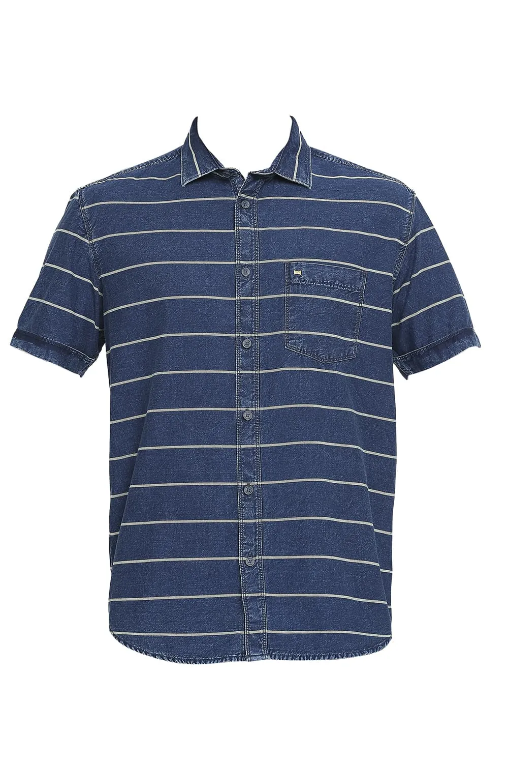 Slim Fit Cotton Indigo Twill Weft Stripe Halfsleeves Shirt