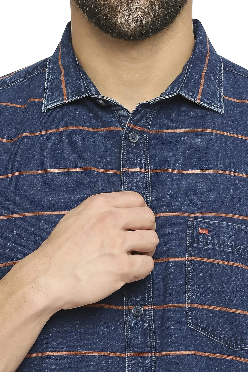 Slim Fit Cotton Indigo Twill Weft Stripe Halfsleeves Shirt