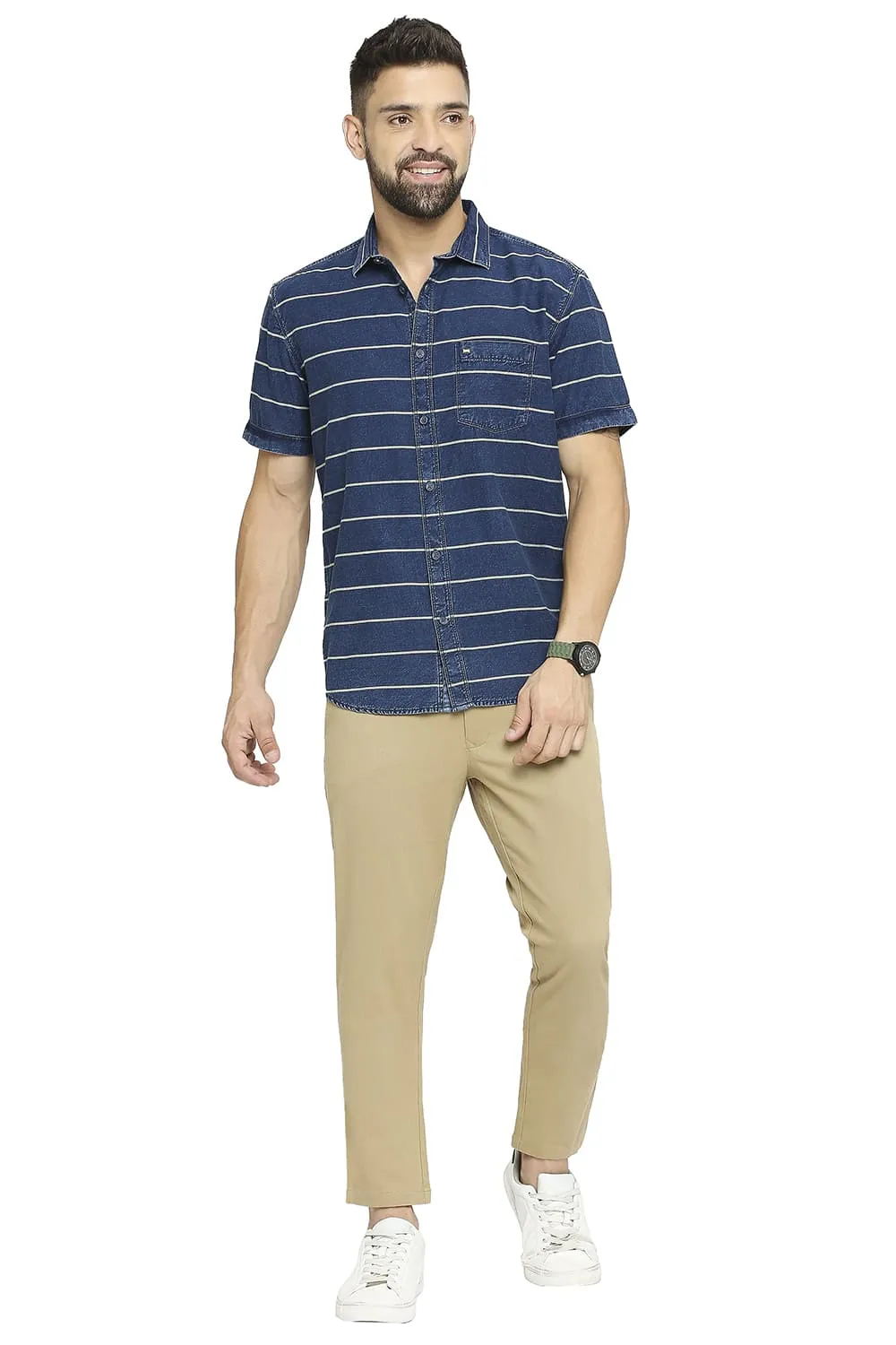 Slim Fit Cotton Indigo Twill Weft Stripe Halfsleeves Shirt