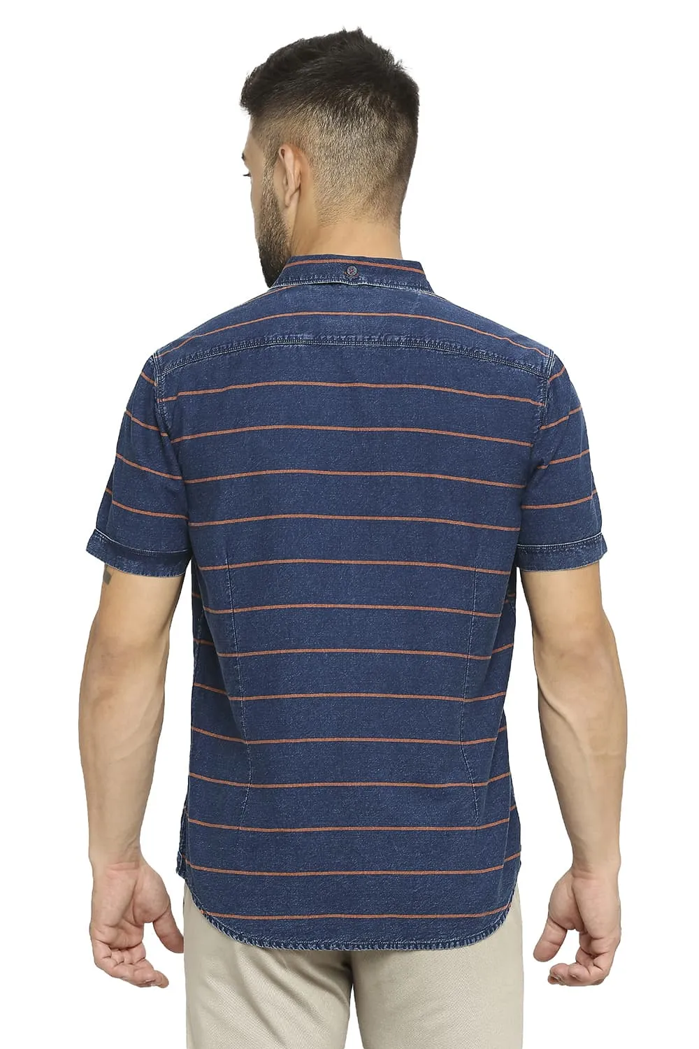 Slim Fit Cotton Indigo Twill Weft Stripe Halfsleeves Shirt