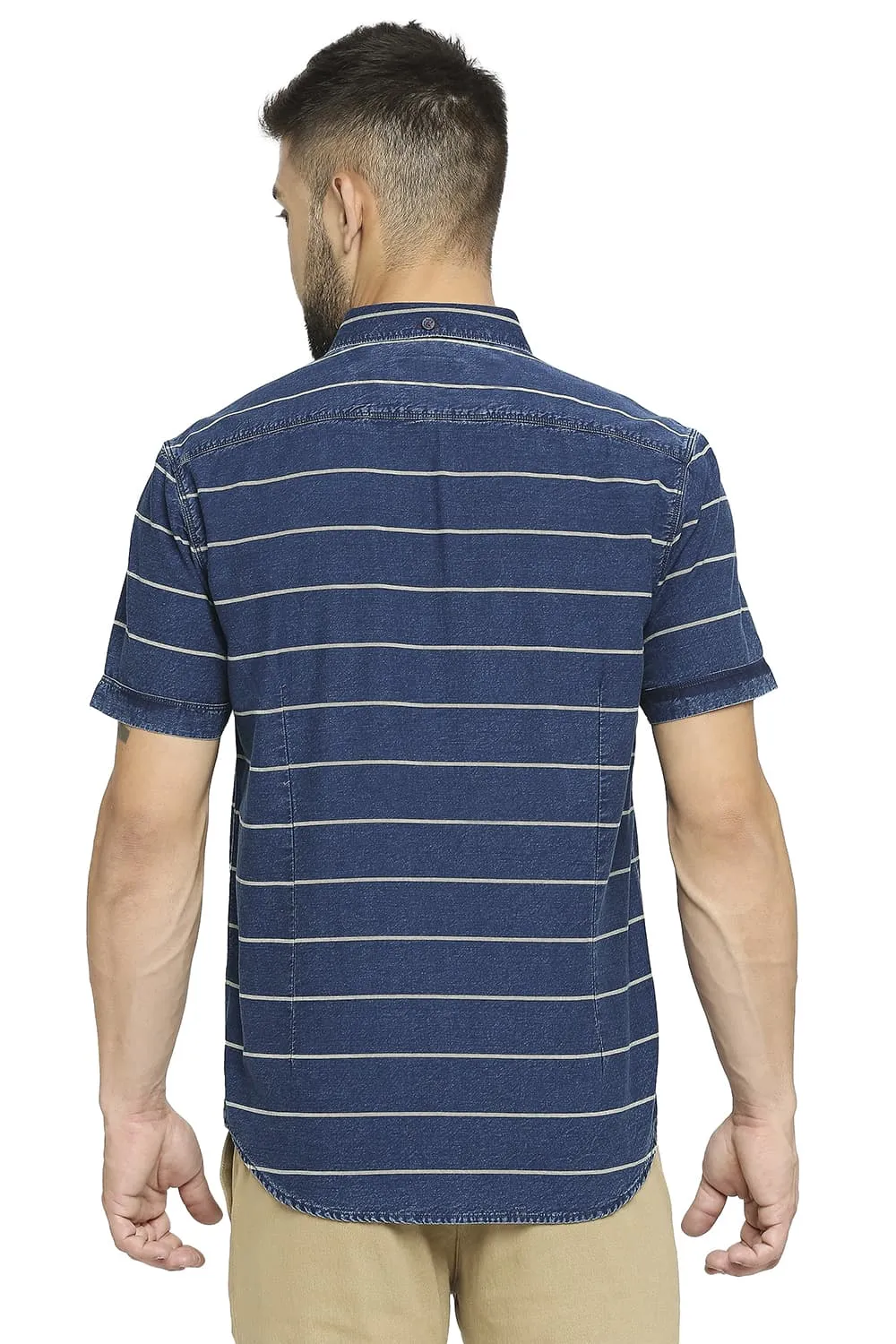 Slim Fit Cotton Indigo Twill Weft Stripe Halfsleeves Shirt
