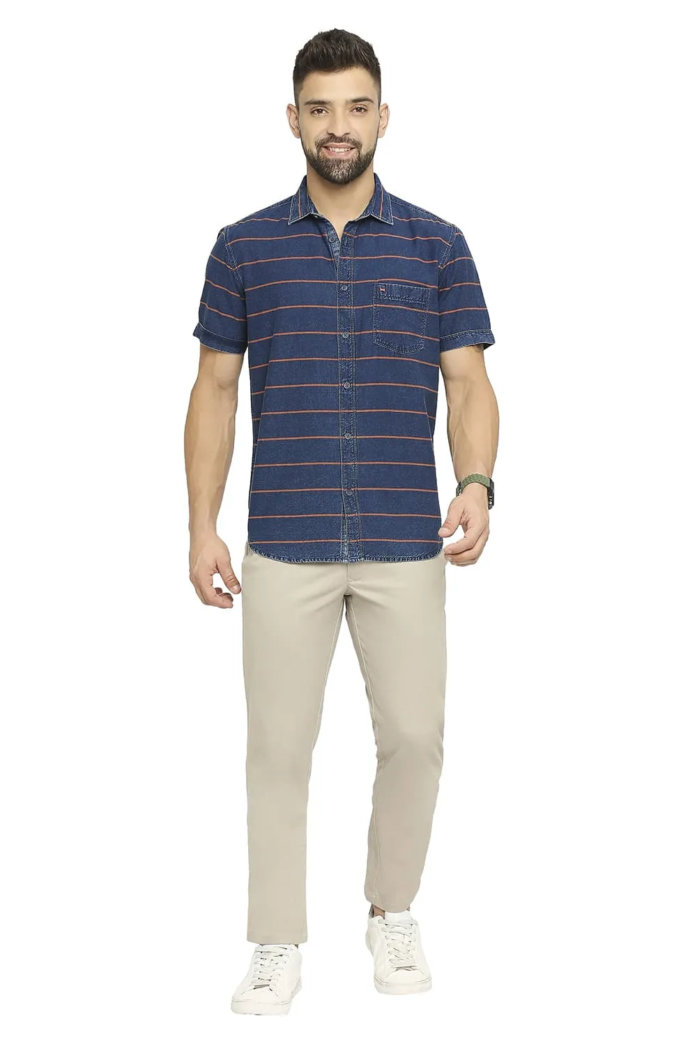 Slim Fit Cotton Indigo Twill Weft Stripe Halfsleeves Shirt
