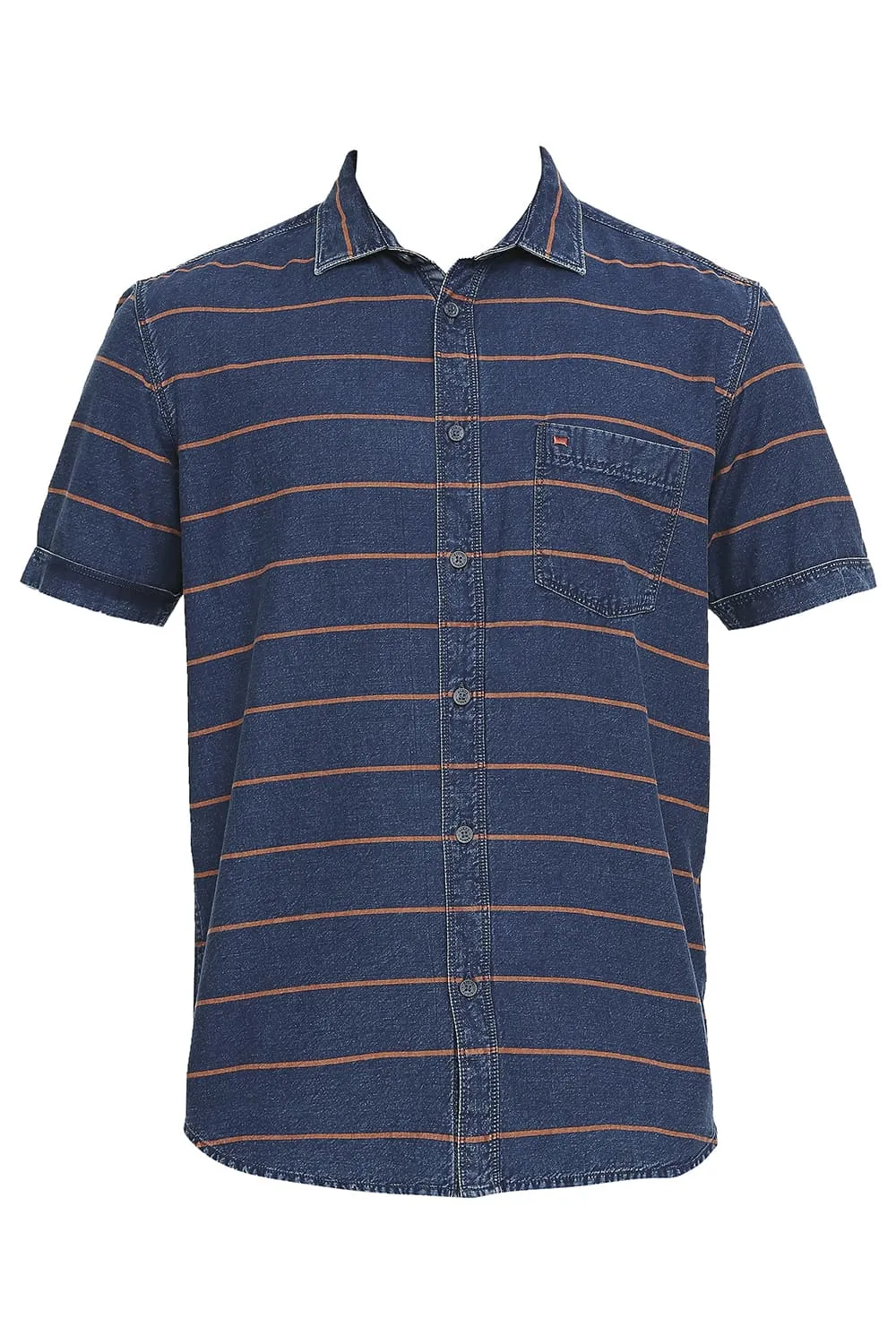 Slim Fit Cotton Indigo Twill Weft Stripe Halfsleeves Shirt