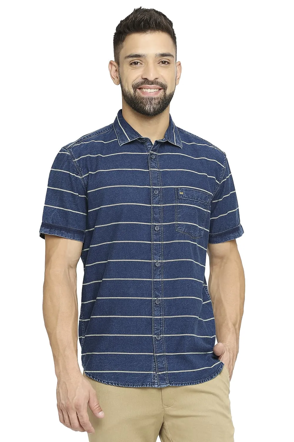 Slim Fit Cotton Indigo Twill Weft Stripe Halfsleeves Shirt
