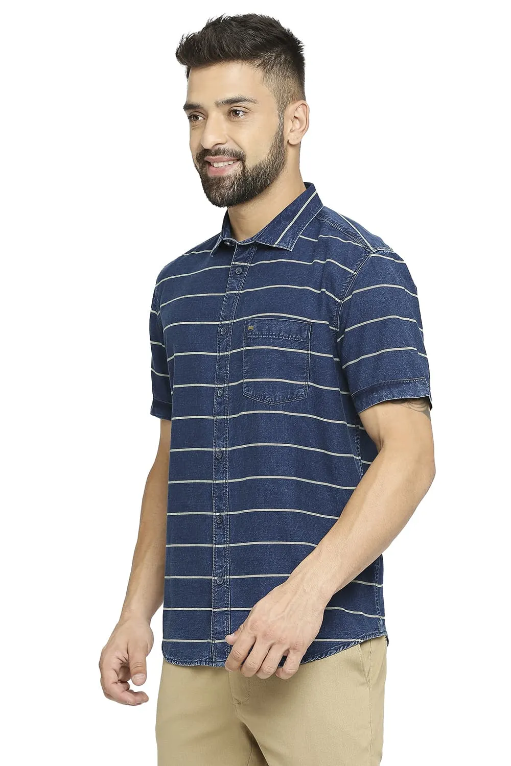 Slim Fit Cotton Indigo Twill Weft Stripe Halfsleeves Shirt