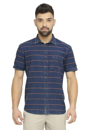 Slim Fit Cotton Indigo Twill Weft Stripe Halfsleeves Shirt