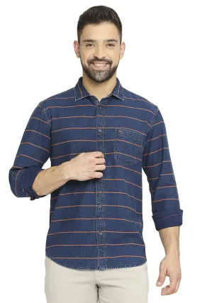 Slim Fit Cotton Indigo Twill Weft Stripe Shirt