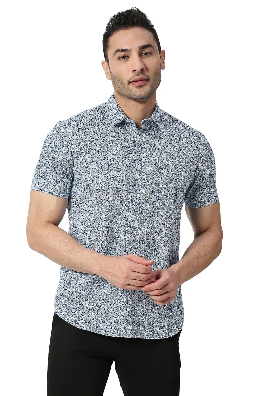 Slim Fit Cotton Slub Printed Halfsleeves Shirt