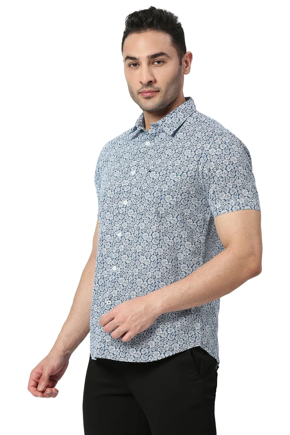 Slim Fit Cotton Slub Printed Halfsleeves Shirt
