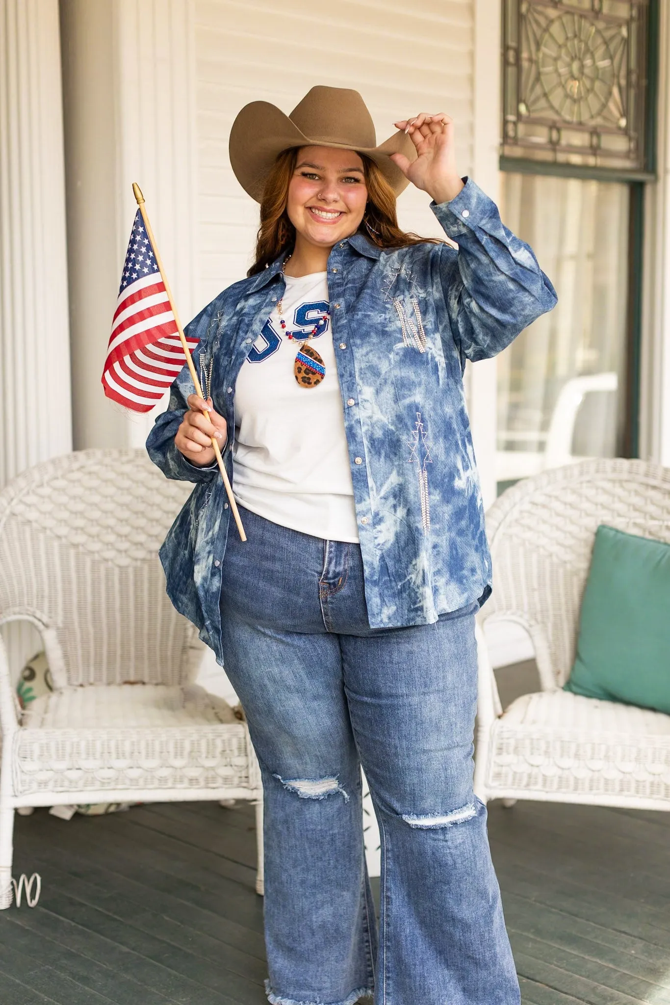 'Sparkles and Spurs' Denim Button-Up with Rhinestone Fringe