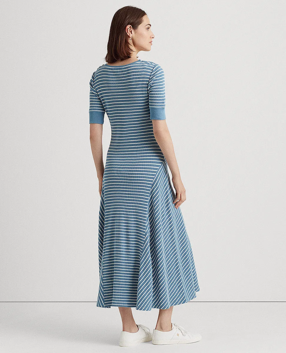 Striped Cotton Henley Dress In Blue/Cream