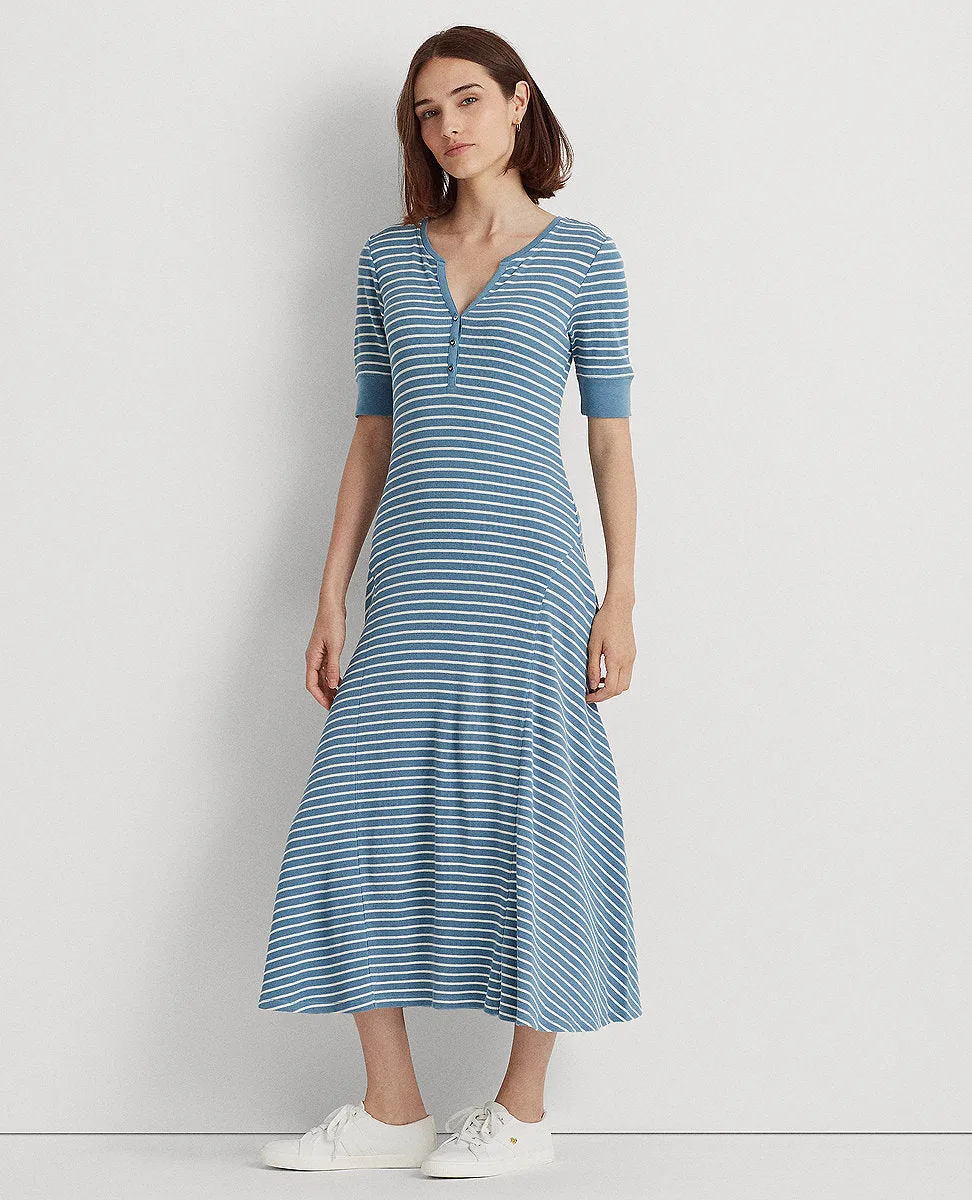 Striped Cotton Henley Dress In Blue/Cream